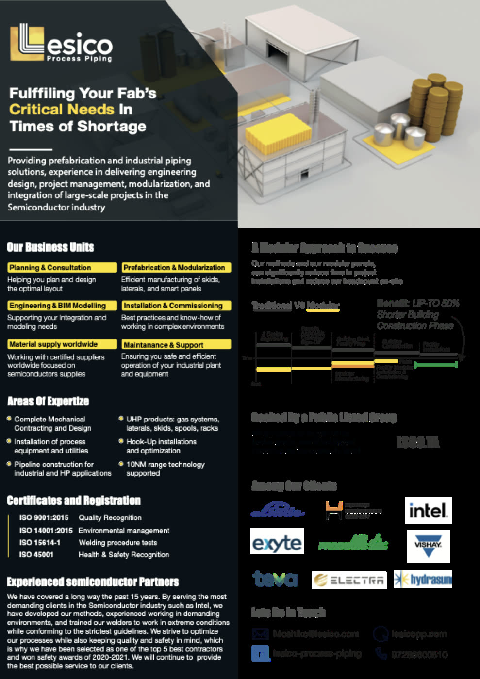 Lesico one-pager with business units, expertise, certifications and clients